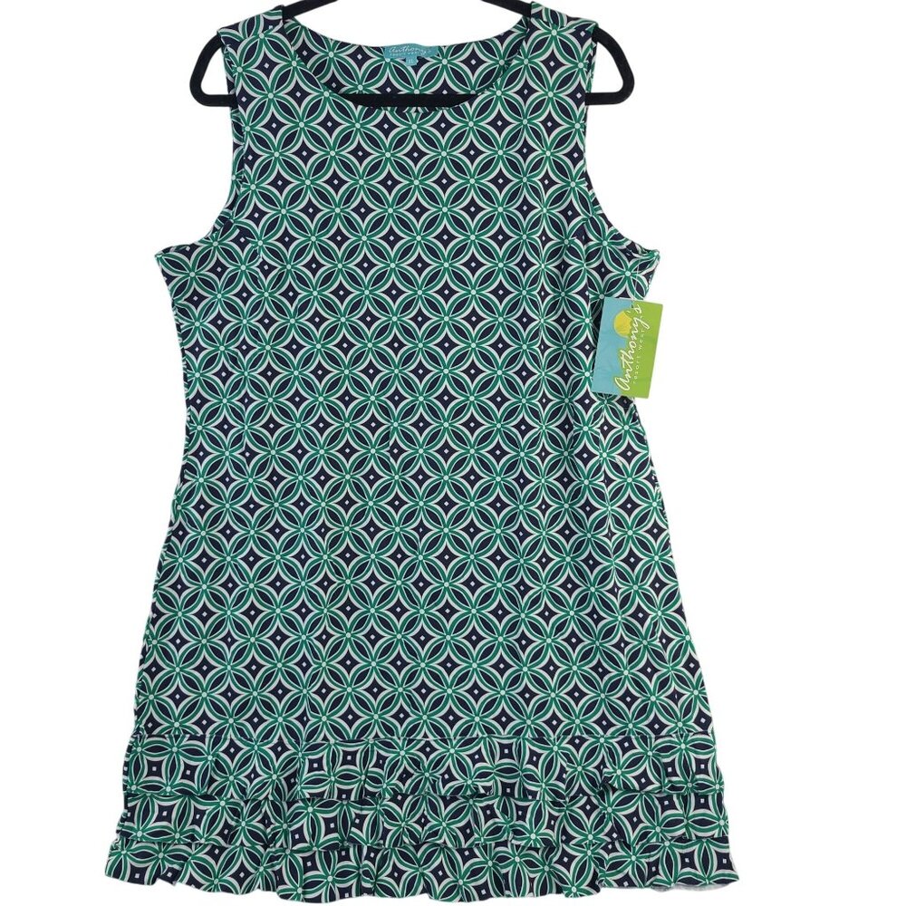 Anthonys Resort Wear Blue & Green UPF 50+ Sleeveless Dress With Ruffle Hem Sz XL